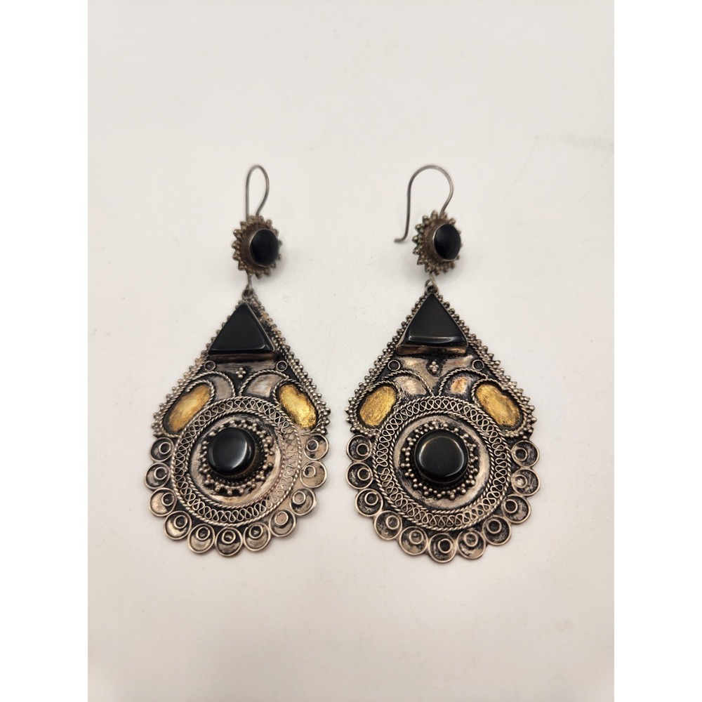Vintage Sterling Silver Black Onyx Stone Dangle/Drop Earrings